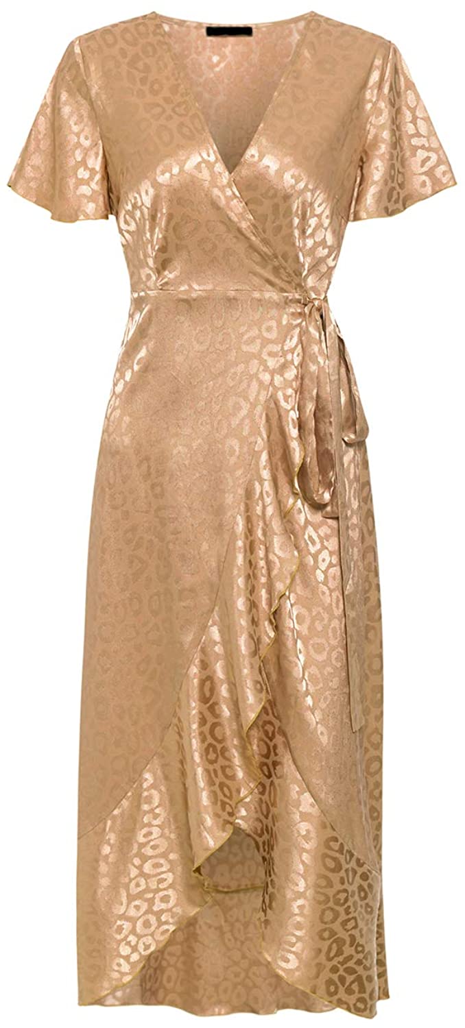Miessial Women's Summer Chiffon V Neck Ruffle Maxi Dress Polka Dot Long Beach Wrap Dress
