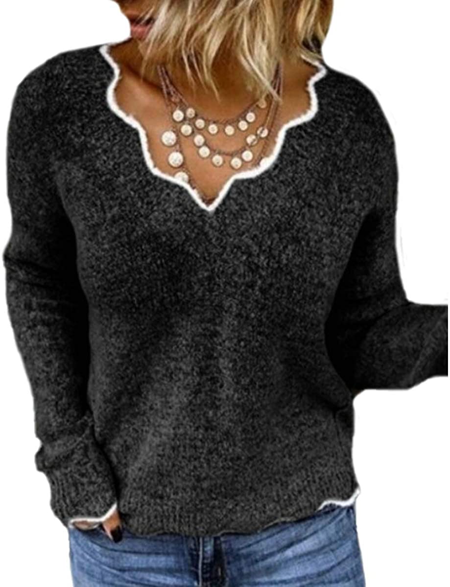 Rungion Womens Long Sleeve V Neck Pullover Sweaters Cute Knitted Winter Oversized Blouse Tops