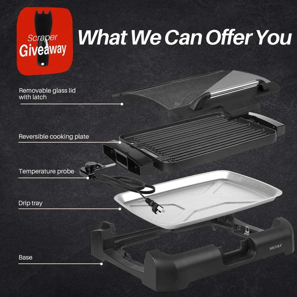Secura Smokeless Indoor Grill 1800-Watt Electric Griddle with Reversible 2 in 1 Cast Iron Plate, Glass Lid, Extra Large Drip Tray (Dishwasher Safe) - JOY2ESpree