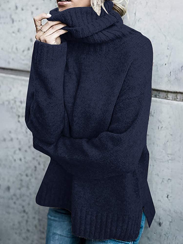 FISACE Womens Solid Round Neck Oversized Turtleneck Full Sleeve Knitted Sweater Pullover