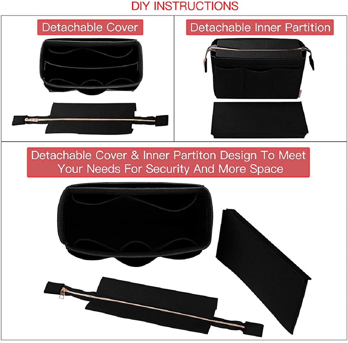 Purse Organizer Insert, Bag Organizer with NEW Detachable Zipper cover, fits Speedy Neverful, St Lious, Tote, 5 Size