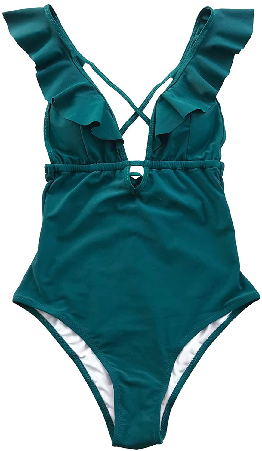CUPSHE Women's One Piece Swimsuit Ruffle Deep V Neck Strappy Swimwear Bathing Suits