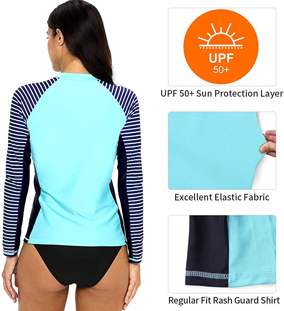CharmLeaks Women's Long Sleeve Rashguard UPF 50 Sun Protection Swimsuit Top Striped Swim Shirts