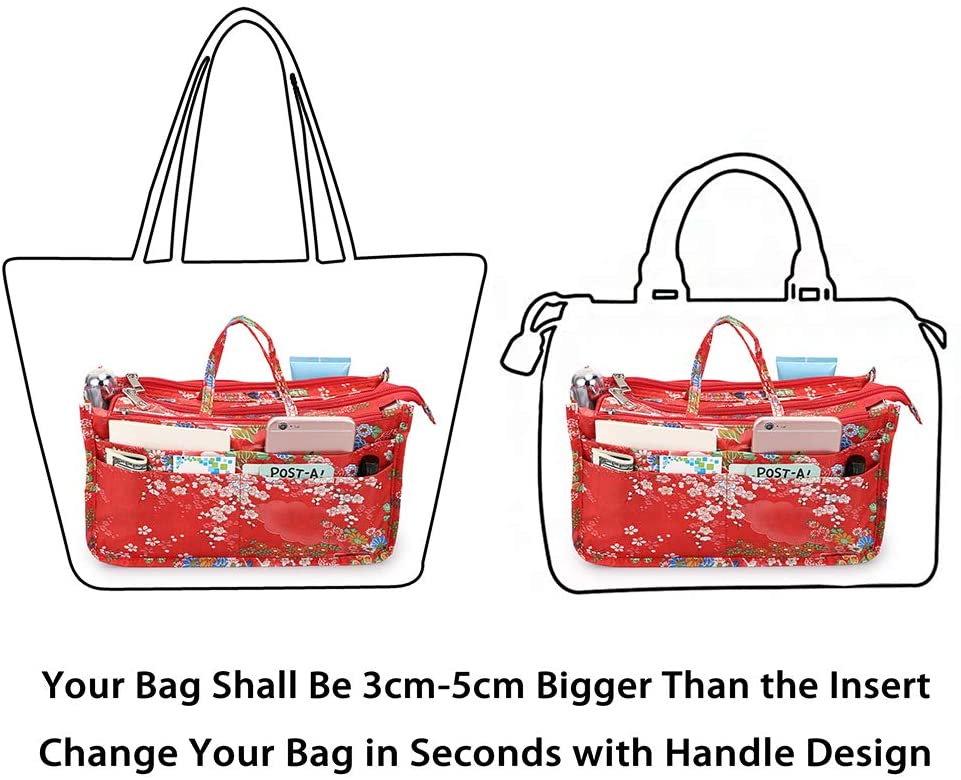 BTSKY New Printing Handbag Organizers Inside Purse Insert-High Capacity 13 Pockets Bag Tote Organizer with Handle Peacock Flower