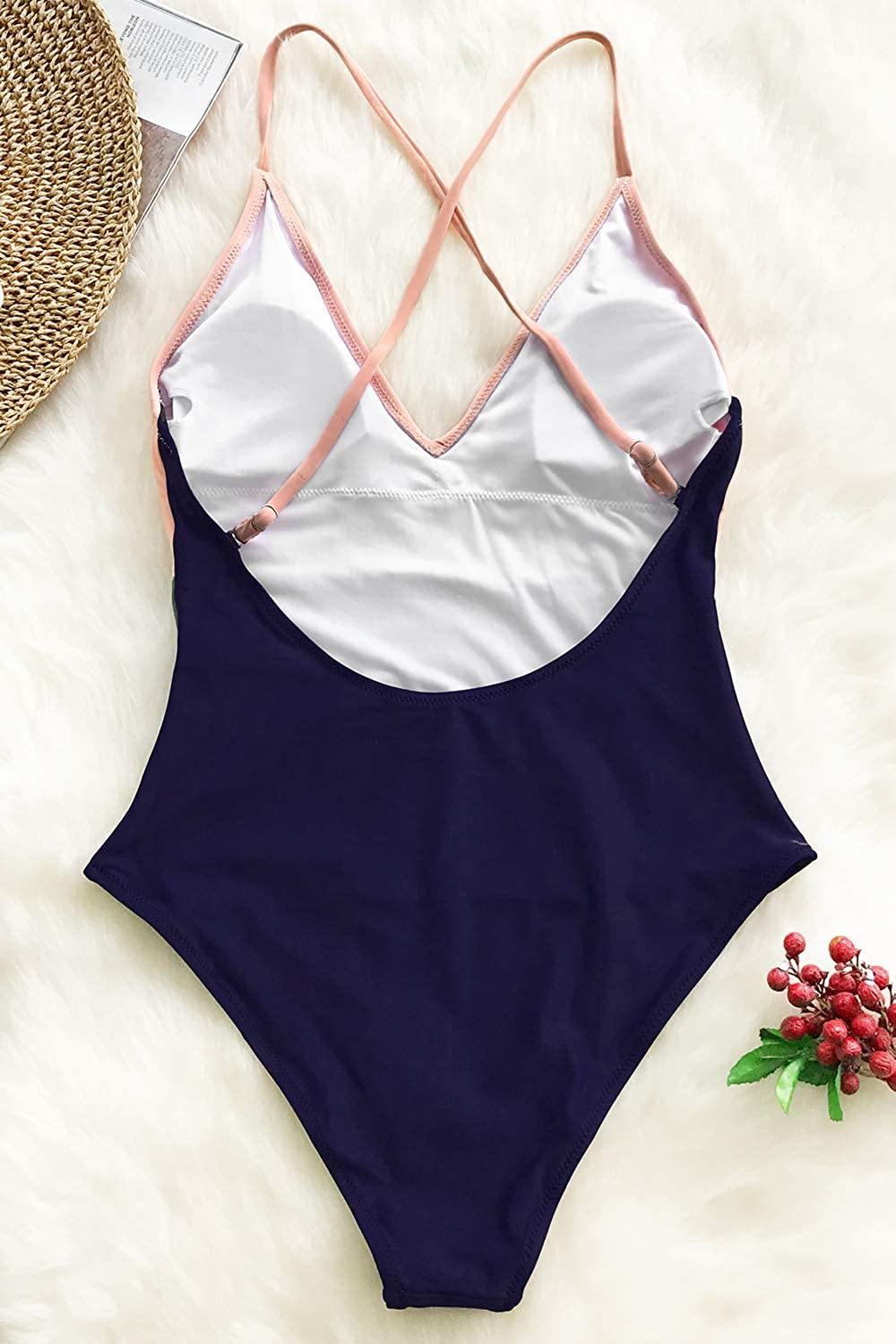 CUPSHE Women's One Piece Swimsuit V Neck Cross Back Color Block Beach Swimwear Bathing Suits - JOY2ESpree