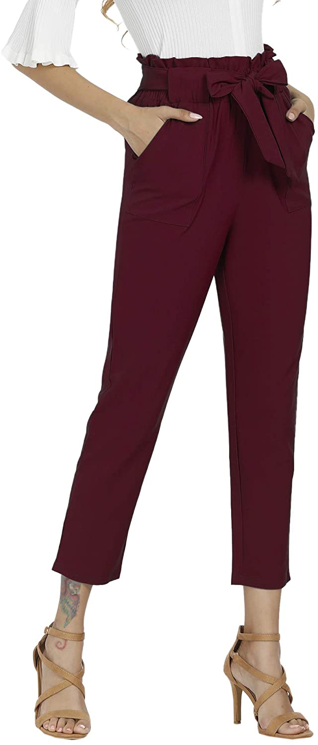 Freeprance Women's Pants Casual Trouser Paper Bag Pants Elastic Waist Slim Pockets