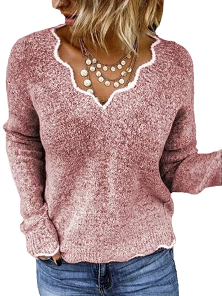 Rungion Womens Long Sleeve V Neck Pullover Sweaters Cute Knitted Winter Oversized Blouse Tops