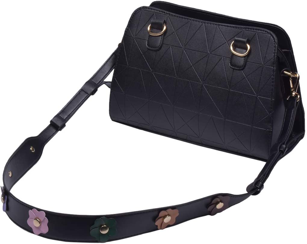 Beaulegan Wide Studded Flower Leather Purse Strap Replacement - Adjustable for Shoulder Crossbody Bag (Black/Gold Clasp)
