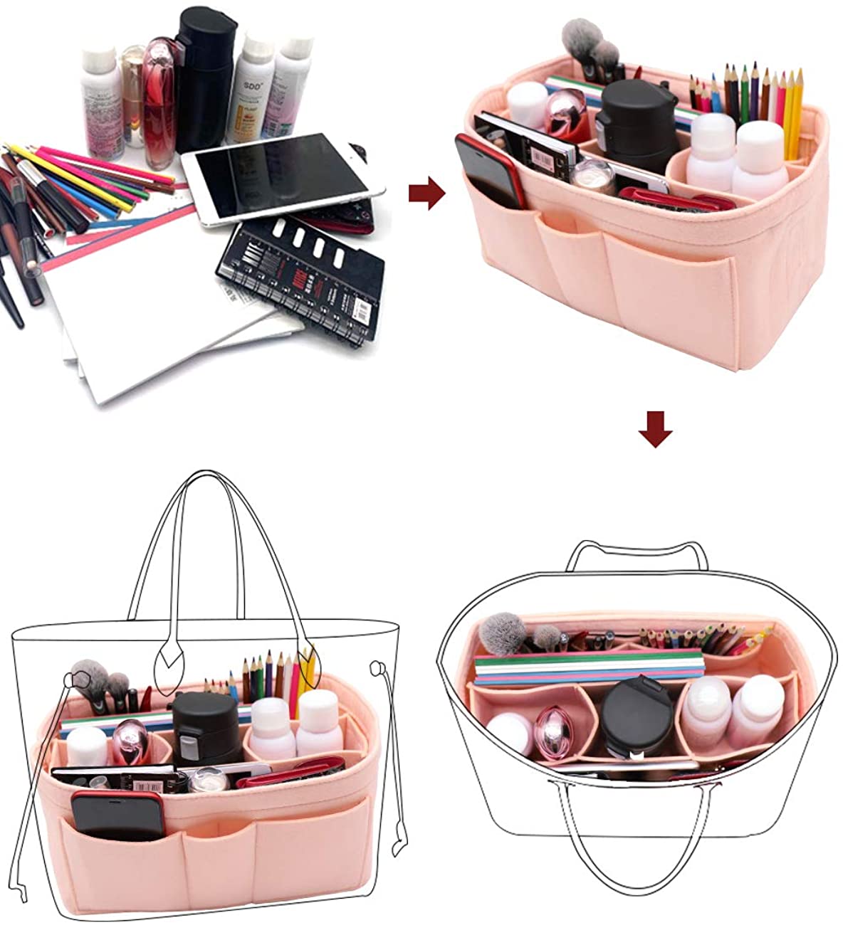 Felt Fabric Purse Tote Diaper Bag Organizer Insert Bag in Bag with Zipper Inner Pocket For Neverfull Speedy