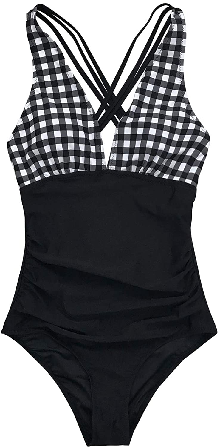 CUPSHE Women's One Piece Swimsuit V Neck Tummy Control Cross Back Vintage Swimwear Bathing Suits