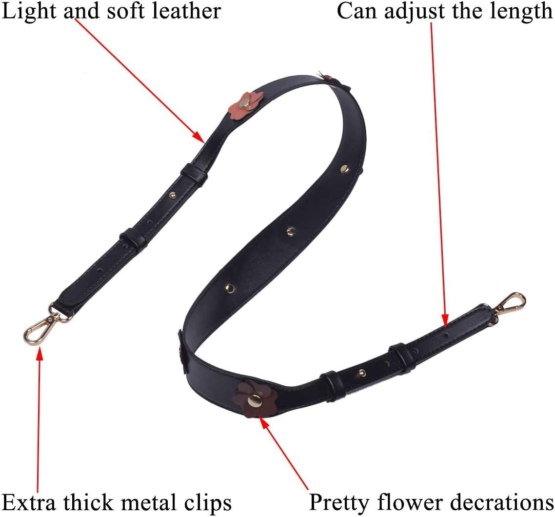 Beaulegan Wide Studded Flower Leather Purse Strap Replacement - Adjustable for Shoulder Crossbody Bag (Black/Gold Clasp)
