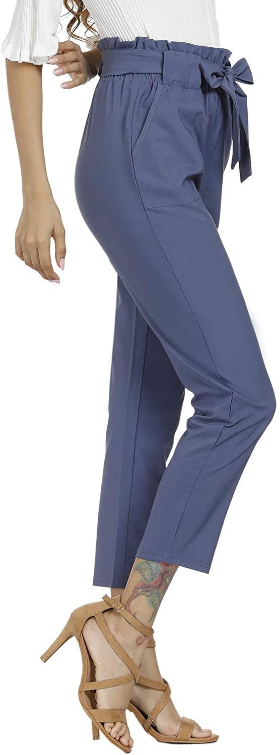 Freeprance Women's Pants Casual Trouser Paper Bag Pants Elastic Waist Slim Pockets