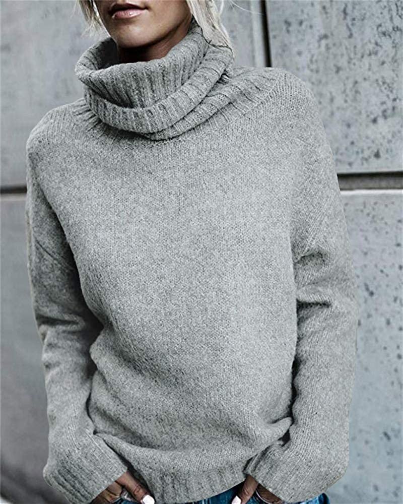 FISACE Womens Solid Round Neck Oversized Turtleneck Full Sleeve Knitted Sweater Pullover