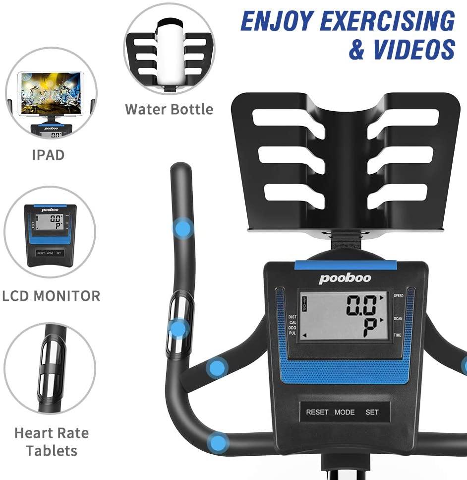 Pooboo Indoor Cycling Bike Belt Drive Exercise Bike Stationary with Comfortable Seat Cushion, Tablet Holder and LCD Monitor for Home Workout - JOY2ESpree