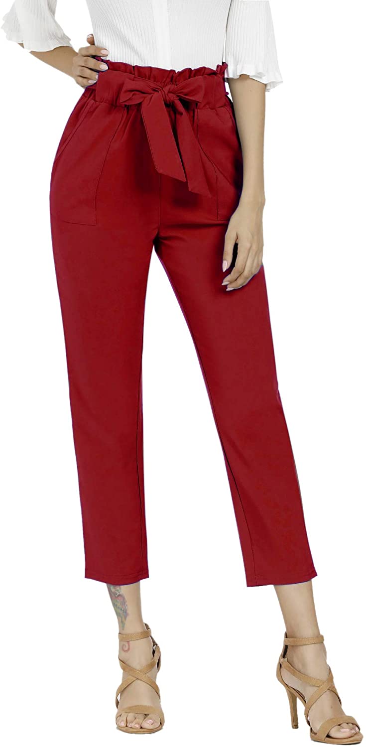 Freeprance Women's Pants Casual Trouser Paper Bag Pants Elastic Waist Slim Pockets