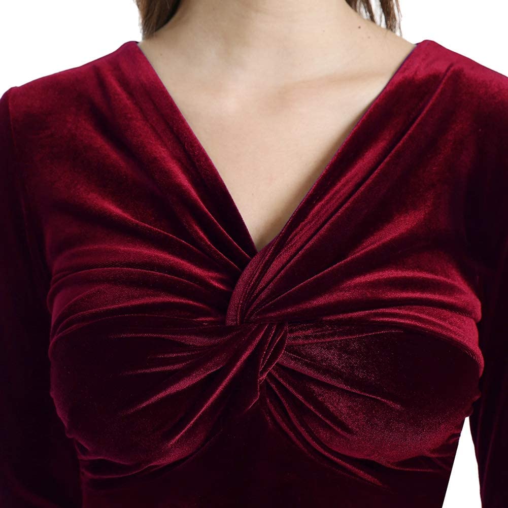 YHINTLFS Women Velvet Party Dress Long Sleeve V-Neck Wrap Mini Dress