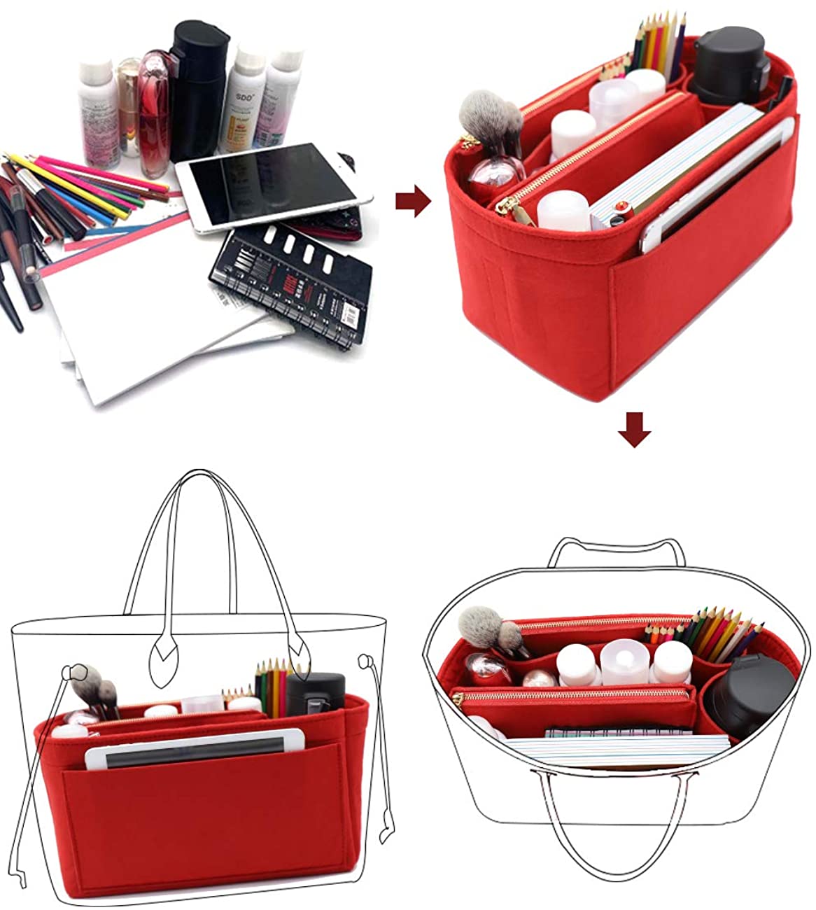 Felt Purse Bag Organizer Insert with zipper Bag Tote Shaper Fit Speedy Neverfull MM GM