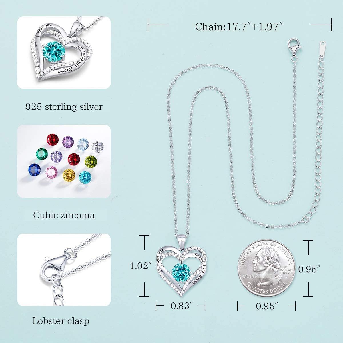 CDE Forever Love Heart Women Necklace 925 Sterling Silver Rose Gold Plated Birthstone Pendant Necklaces for Women - JOY2ESpree