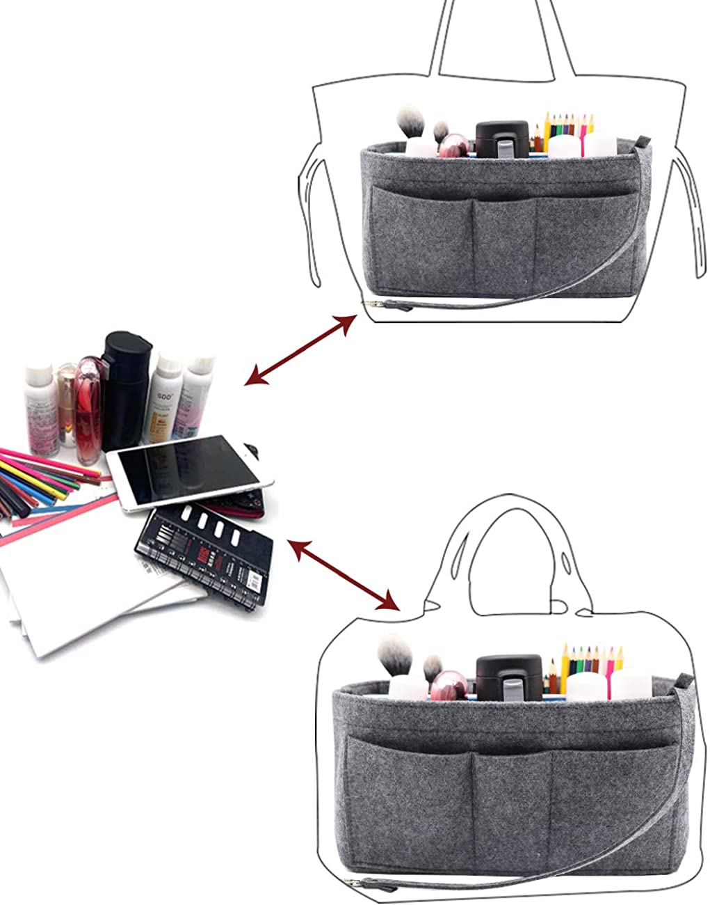 Felt Fabric Purse Tote Diaper Bag Organizer Insert Bag in Bag with Zipper Inner Pocket For Neverfull Speedy