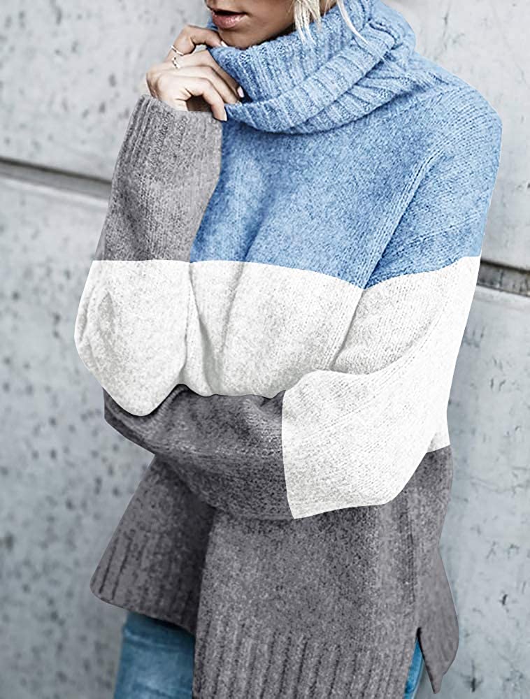 FISACE Womens Solid Round Neck Oversized Turtleneck Full Sleeve Knitted Sweater Pullover