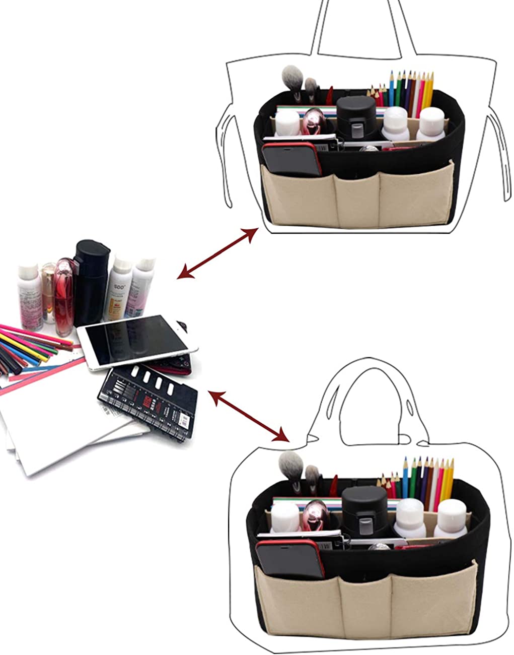 Felt Fabric Purse Tote Diaper Bag Organizer Insert Bag in Bag with Zipper Inner Pocket For Neverfull Speedy