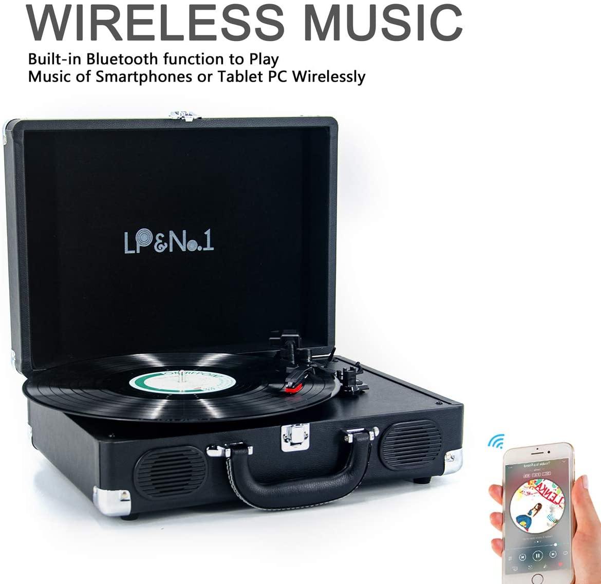 LP&No.1 Portable Suitcase Turntable with Stereo Speaker,3 Speeds Belt-Drive Vinyl Record Player Black - JOY2ESpree