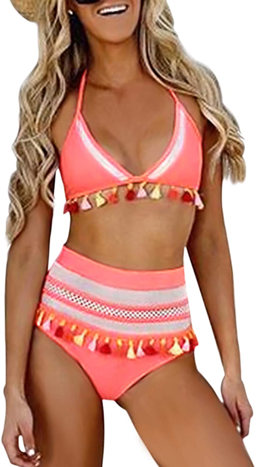 Bdcoco Women's High Waist Two Pieces Bikini Set Padded Stripe Tassel Swimsuit