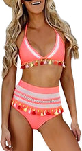 
                        
                          Cargar imagen en el visor de la galería, Bdcoco Women's High Waist Two Pieces Bikini Set Padded Stripe Tassel Swimsuit
                        
                      