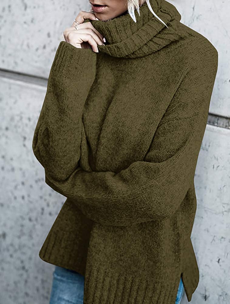 FISACE Womens Solid Round Neck Oversized Turtleneck Full Sleeve Knitted Sweater Pullover