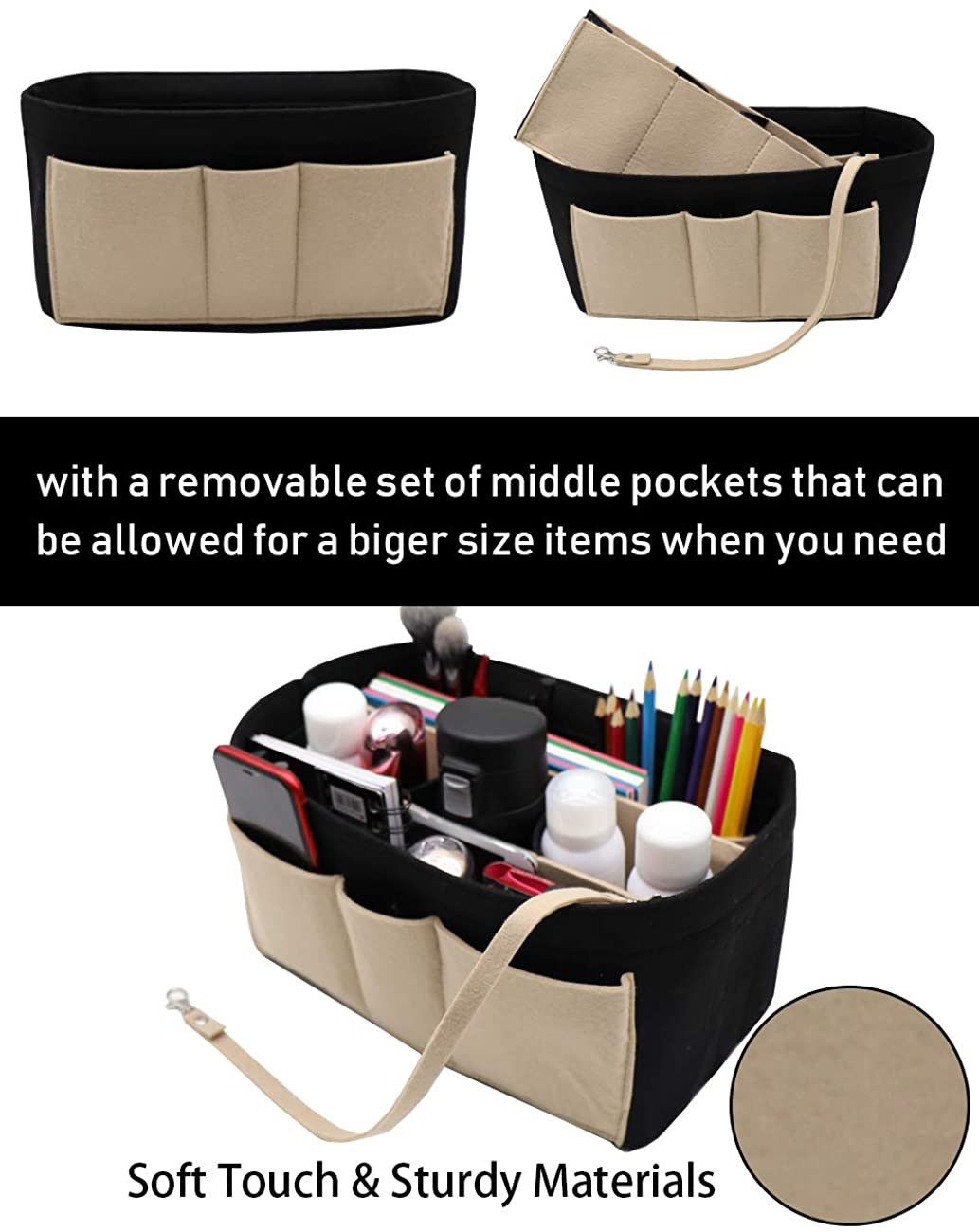 Felt Fabric Purse Tote Diaper Bag Organizer Insert Bag in Bag with Zipper Inner Pocket For Neverfull Speedy