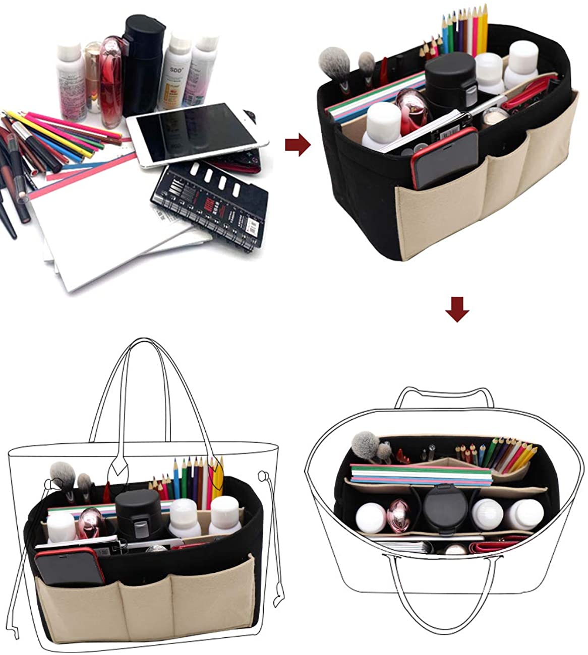 Felt Fabric Purse Tote Diaper Bag Organizer Insert Bag in Bag with Zipper Inner Pocket For Neverfull Speedy