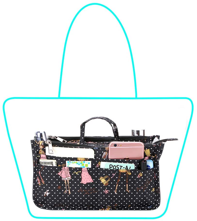 BTSKY New Printing Handbag Organizers Inside Purse Insert-High Capacity 13 Pockets Bag Tote Organizer with Handle Peacock Flower