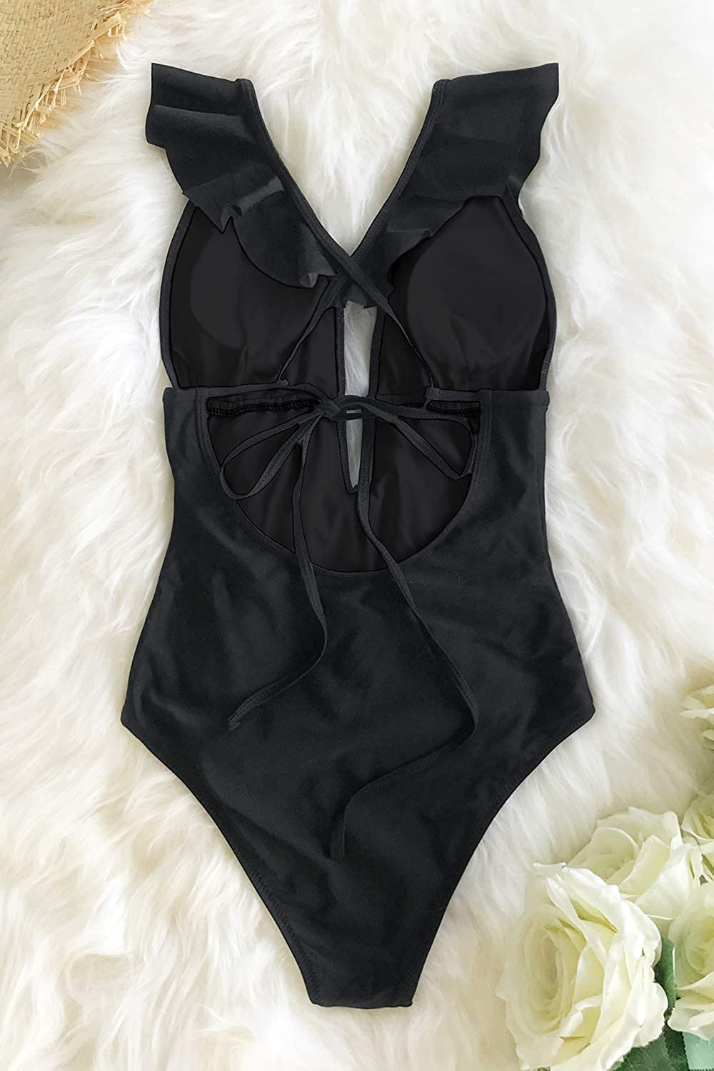 CUPSHE Women's One Piece Swimsuit Ruffle Deep V Neck Strappy Swimwear Bathing Suits
