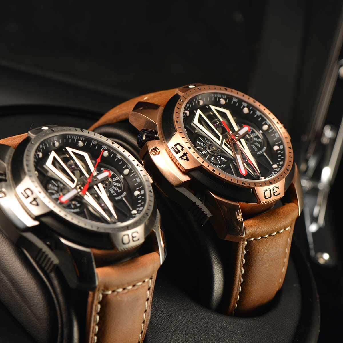 Reef Tiger Mens Sport Mechanical Watches with Steel Black Dial Automatic Watch Calfskin Leather Strap RGA3591