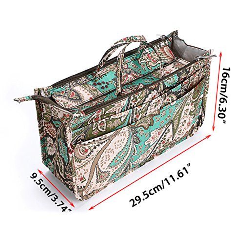 BTSKY New Printing Handbag Organizers Inside Purse Insert-High Capacity 13 Pockets Bag Tote Organizer with Handle Peacock Flower