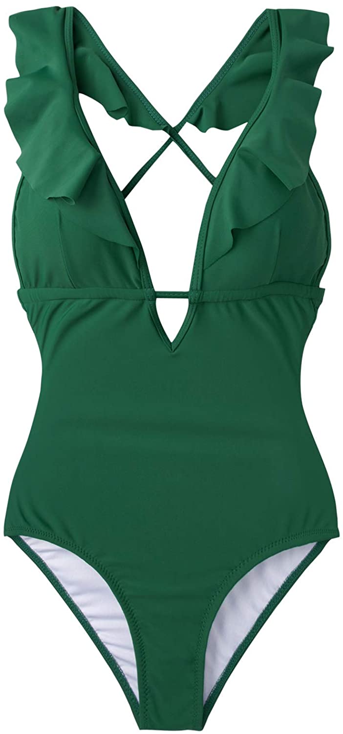 CUPSHE Women's One Piece Swimsuit Ruffle Deep V Neck Strappy Swimwear Bathing Suits