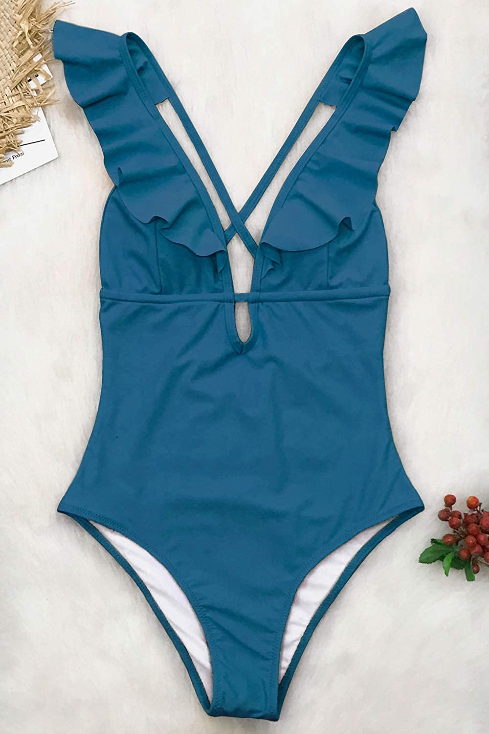 CUPSHE Women's One Piece Swimsuit Ruffle Deep V Neck Strappy Swimwear Bathing Suits