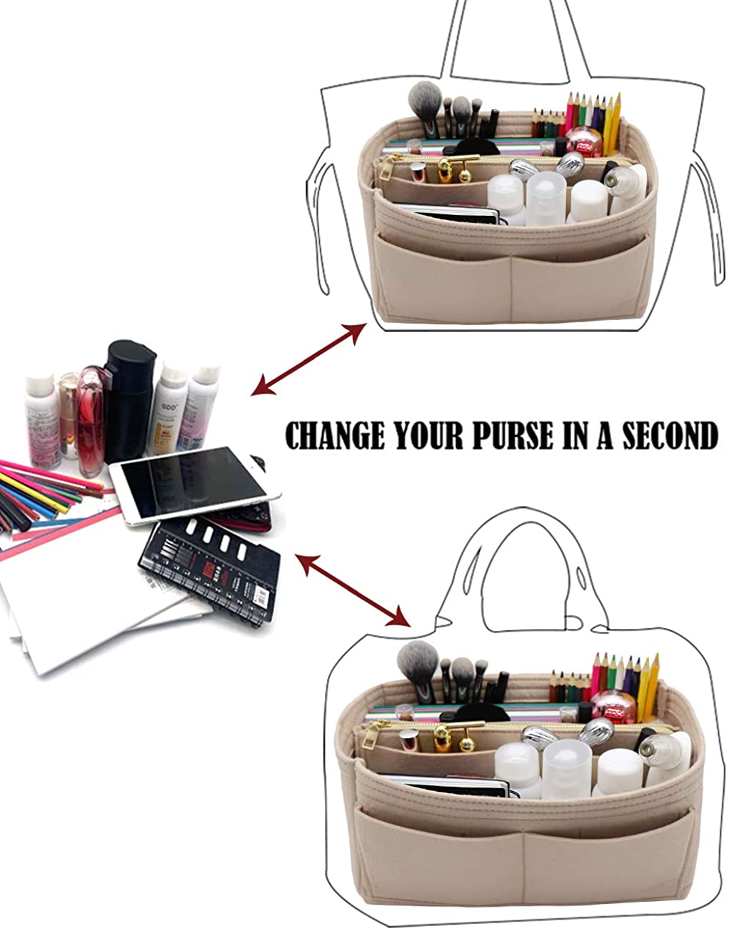 Felt Purse Bag Organizer Insert with zipper Bag Tote Shaper Fit Speedy Neverfull MM GM