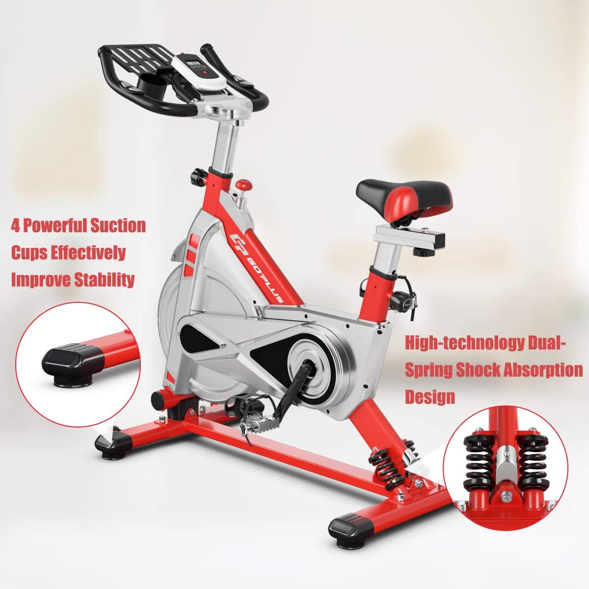 Goplus Adjustable Exercise Bike, Stationary Silent Bicycle with Dual-Spring Shock Absorption Design - JOY2ESpree