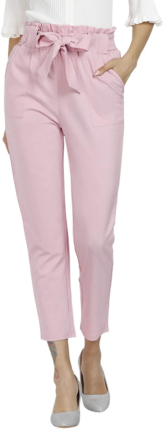 Freeprance Women's Pants Casual Trouser Paper Bag Pants Elastic Waist Slim Pockets