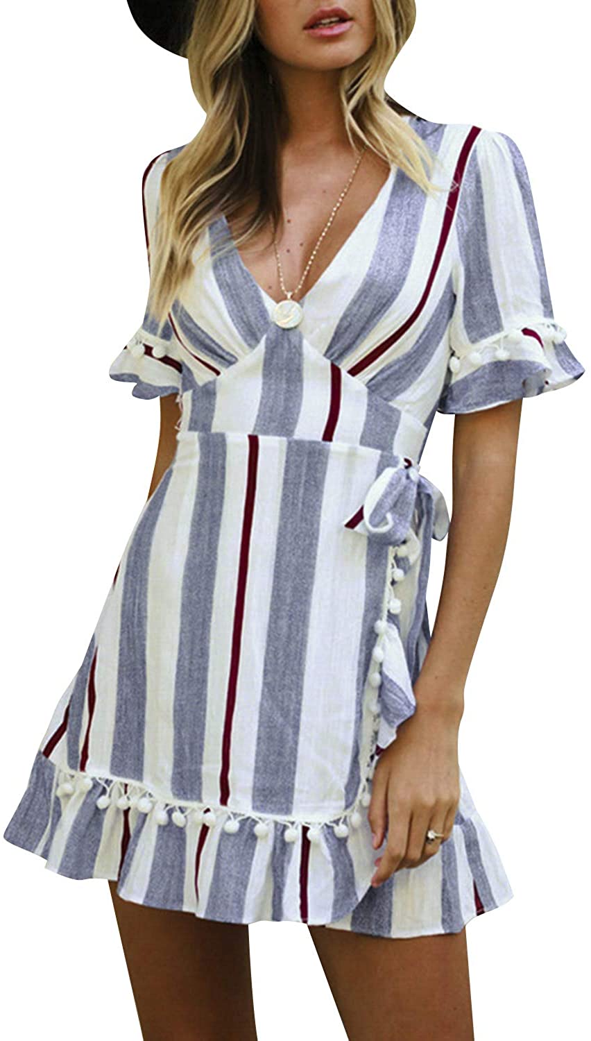 Simplee Women Sexy Deep V-Neck Short Sleeve Striped Print Mini A Line Dress