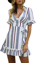
                        
                          將圖片載入圖庫檢視器 Simplee Women Sexy Deep V-Neck Short Sleeve Striped Print Mini A Line Dress
                        
                      