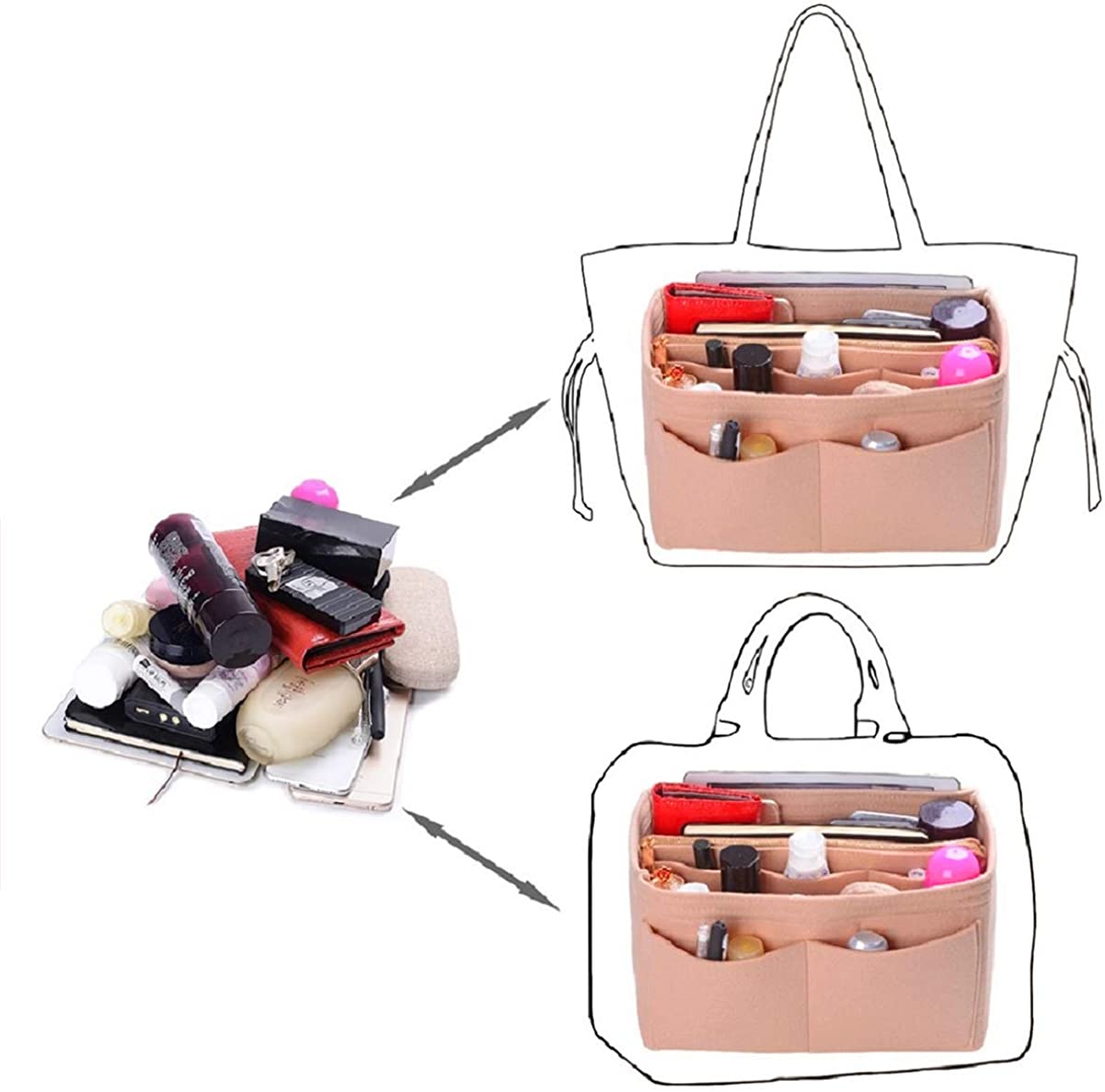 Purse Organizer Insert, Felt Bag organizer with zipper, Handbag & Tote Shaper, For Speedy Neverfull Tote, 5 Sizes