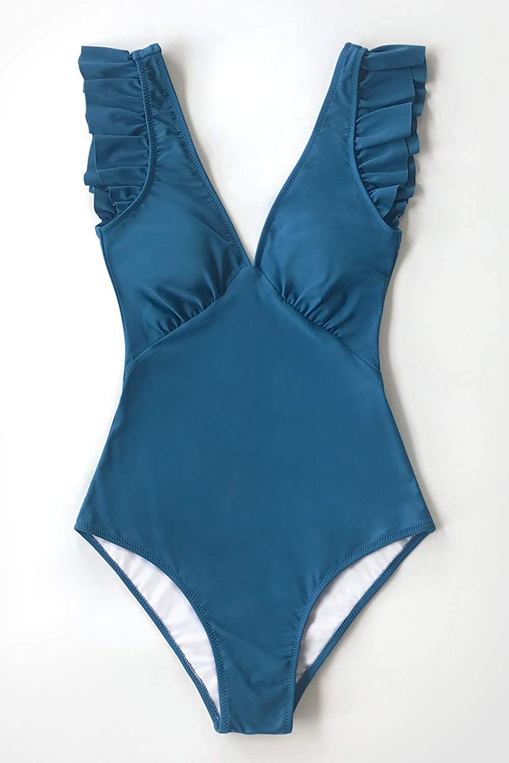 CUPSHE Women's One Piece Swimsuit V Neck Ruched Ruffle Shoulder Swimwear Bathing Suits