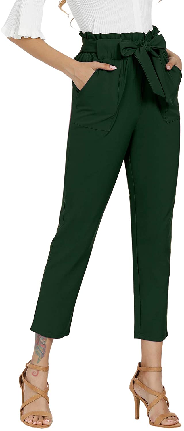 Freeprance Women's Pants Casual Trouser Paper Bag Pants Elastic Waist Slim Pockets