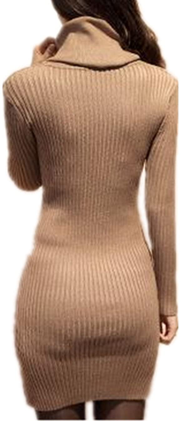 v28 Women Cowl Neck Knit Stretchable Elasticity Long Sleeve Slim Fit Sweater Dress