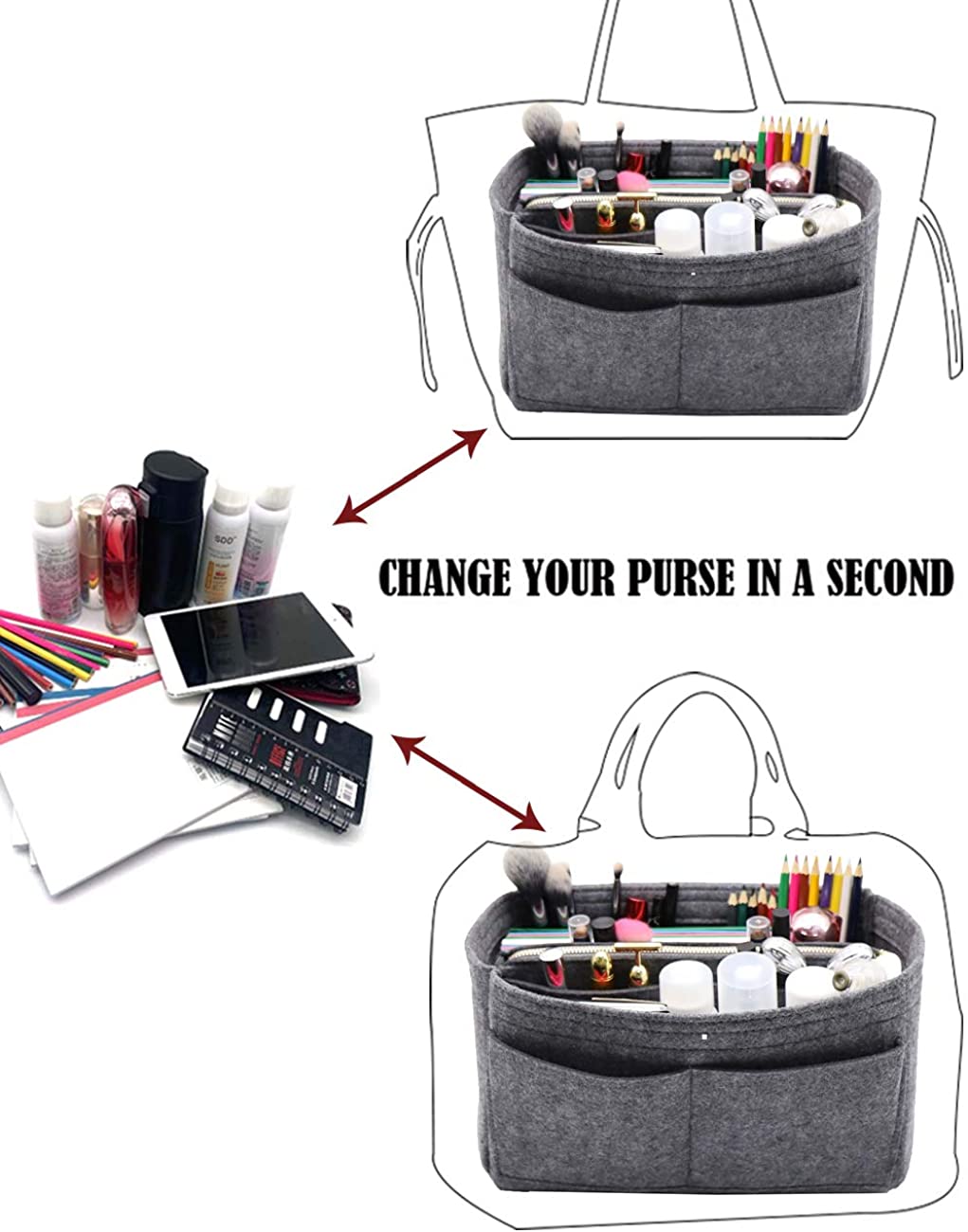 Felt Purse Bag Organizer Insert with zipper Bag Tote Shaper Fit Speedy Neverfull MM GM