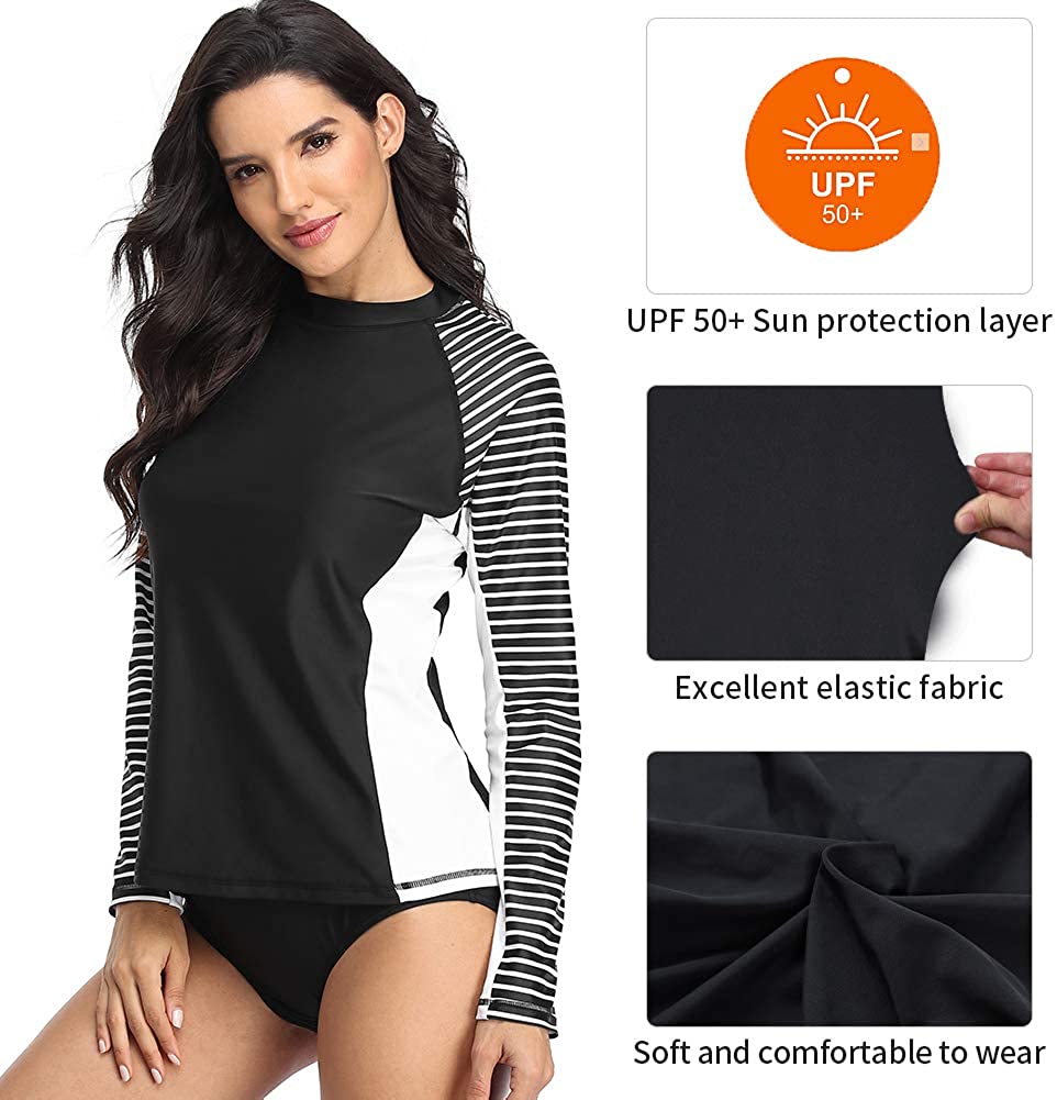 CharmLeaks Women's Long Sleeve Rashguard UPF 50 Sun Protection Swimsuit Top Striped Swim Shirts