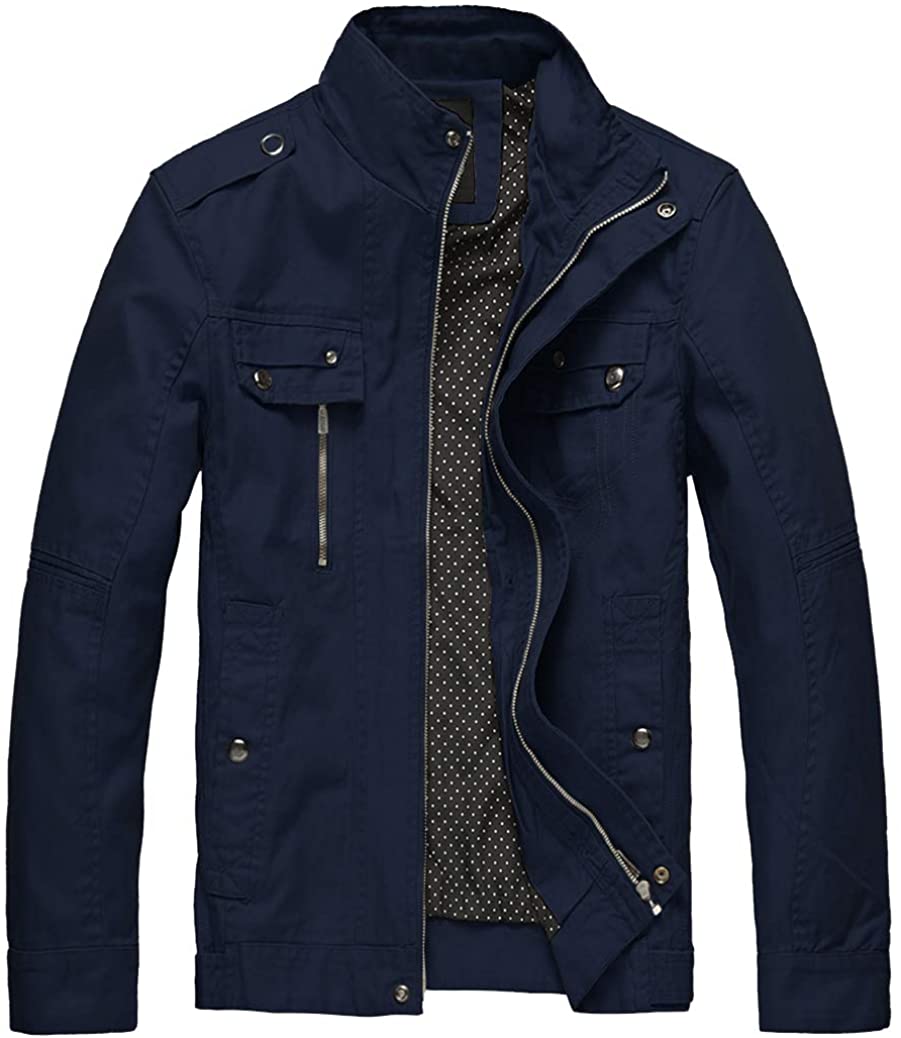 Wantdo Men's Cotton Stand Collar Lightweight Front Zip Jacket