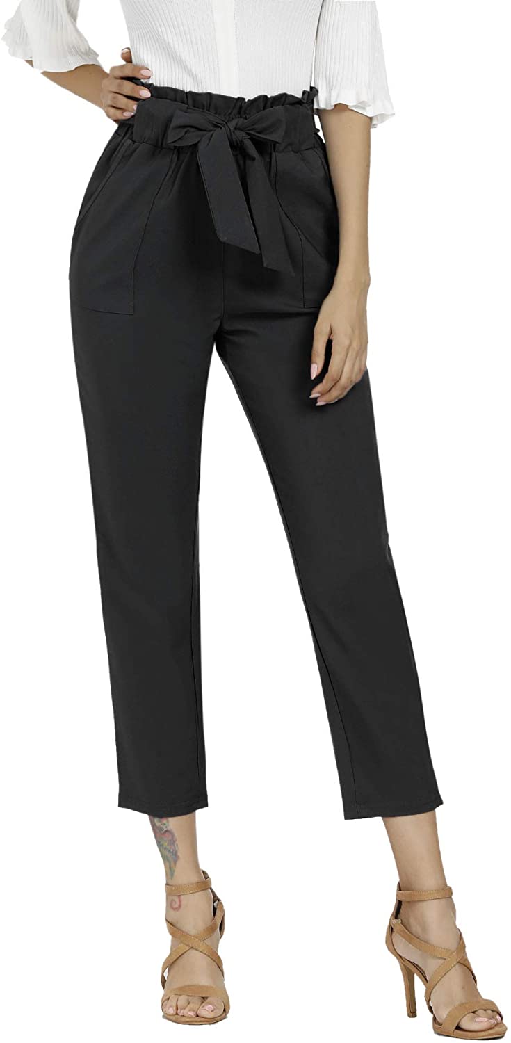 Freeprance Women's Pants Casual Trouser Paper Bag Pants Elastic Waist Slim Pockets